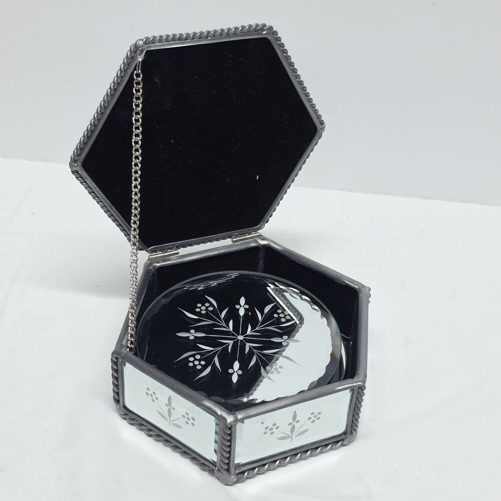 Vintage MCM Hexagonal Beveled Etched Mirror Trinket Box With 4 Mirrored Coasters